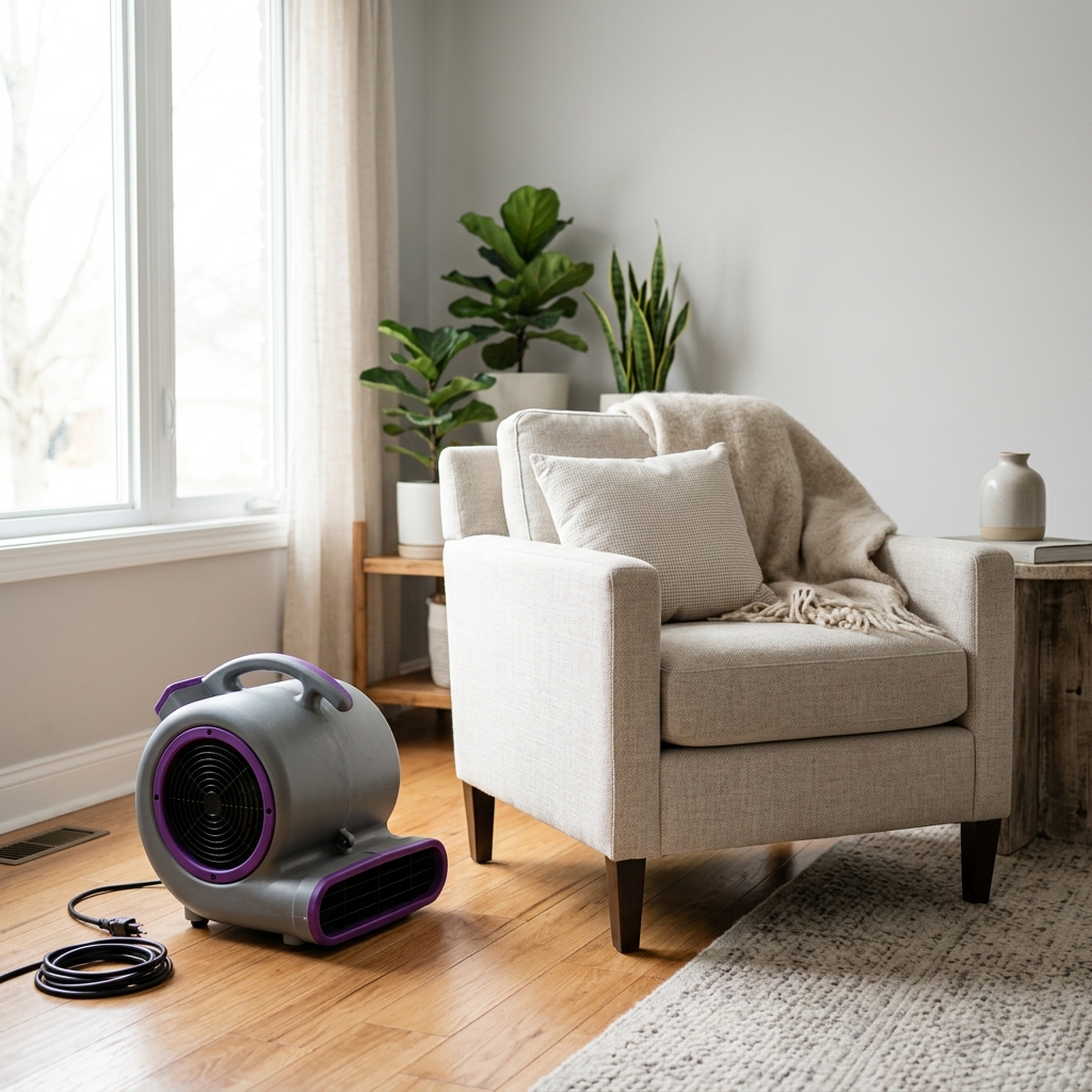 Professional air-mover drying fan next to a clean armchair