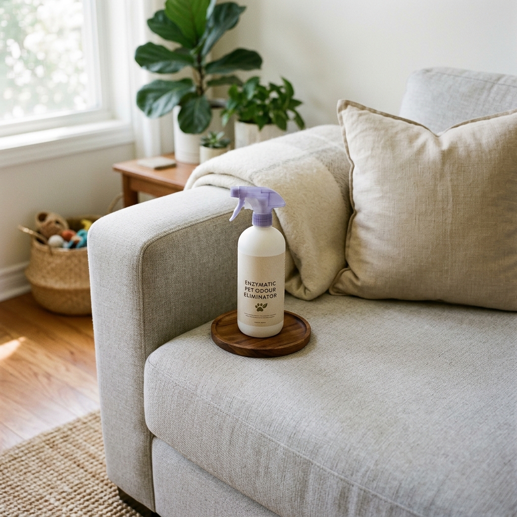 Professional enzymatic spray on a sofa in a pet household