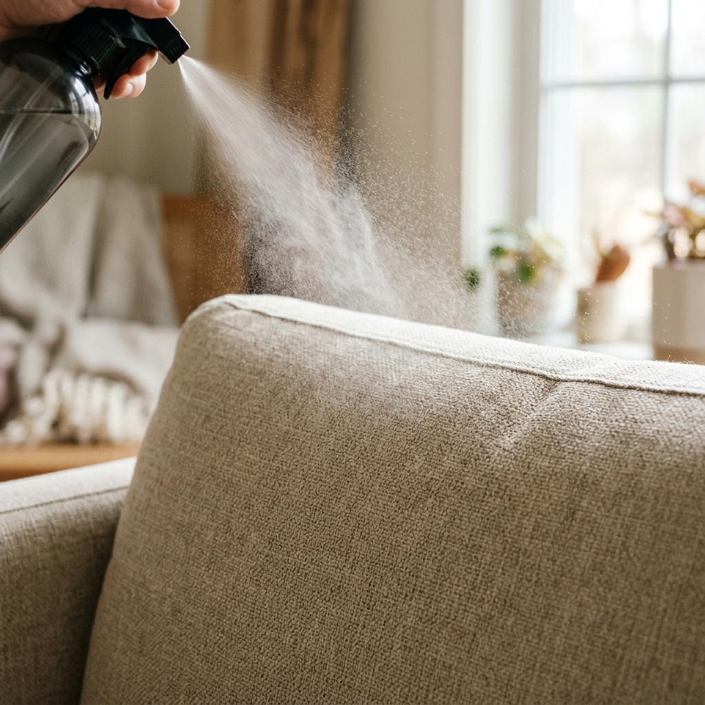 Fabric protector mist being applied to a clean sofa cushion