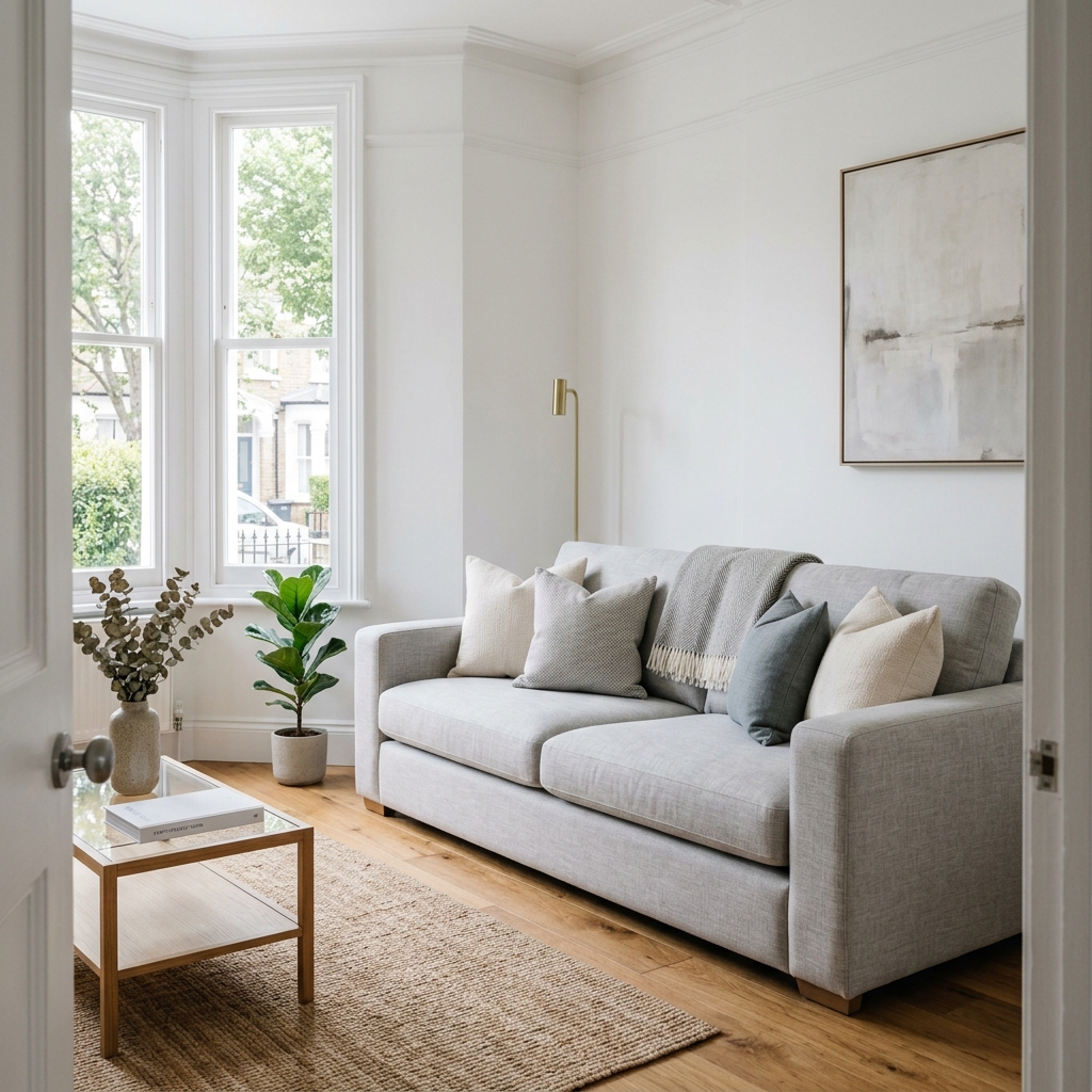 Pristine fabric sofa ready for estate agent photos