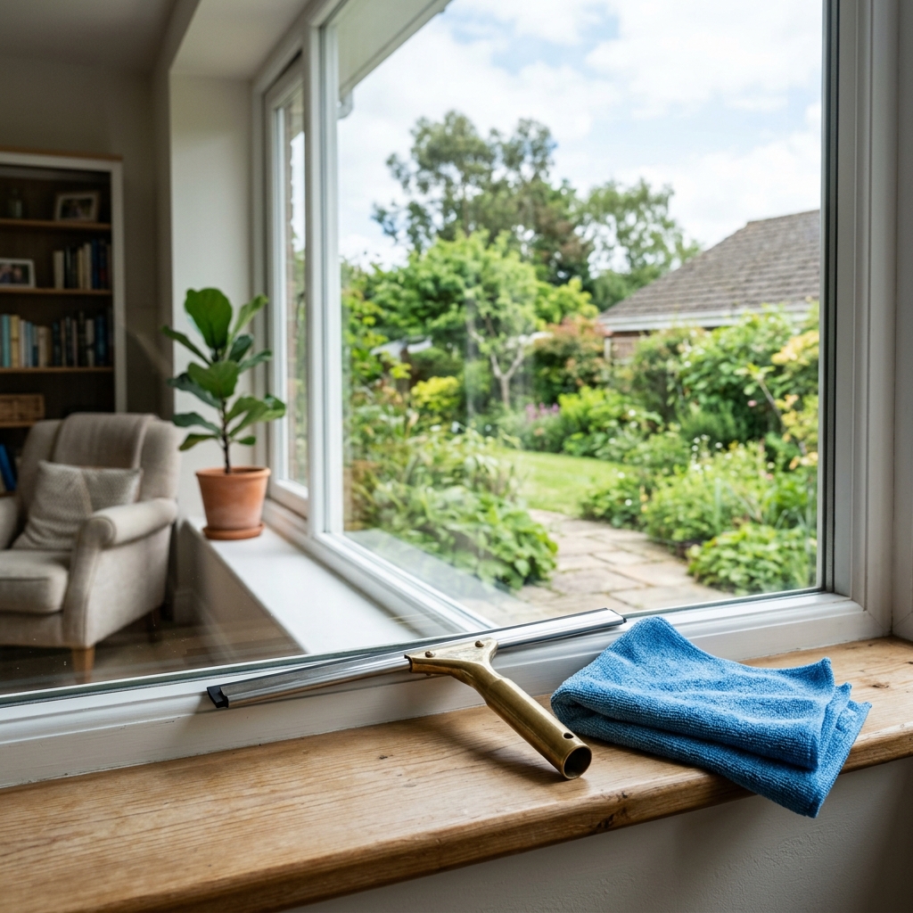Interior window cleaning detail with squeegee and scrim finish