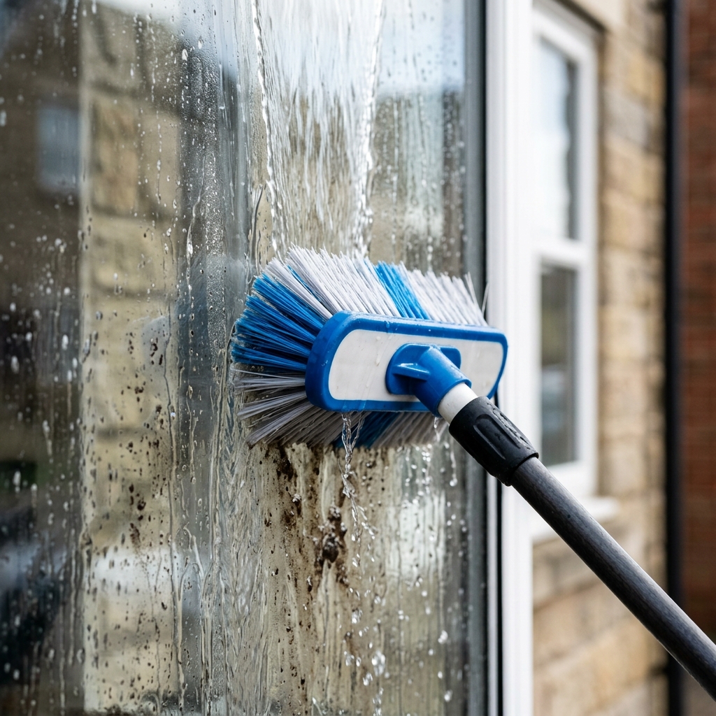 Water-fed pole exterior window cleaning with pure water