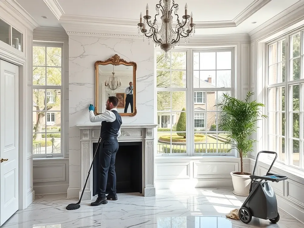 Professional vetted cleaner in a stucco-fronted townhouse in Belgravia, London