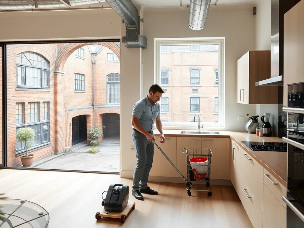 Professional vetted cleaner in a converted factory flat in Bow, London