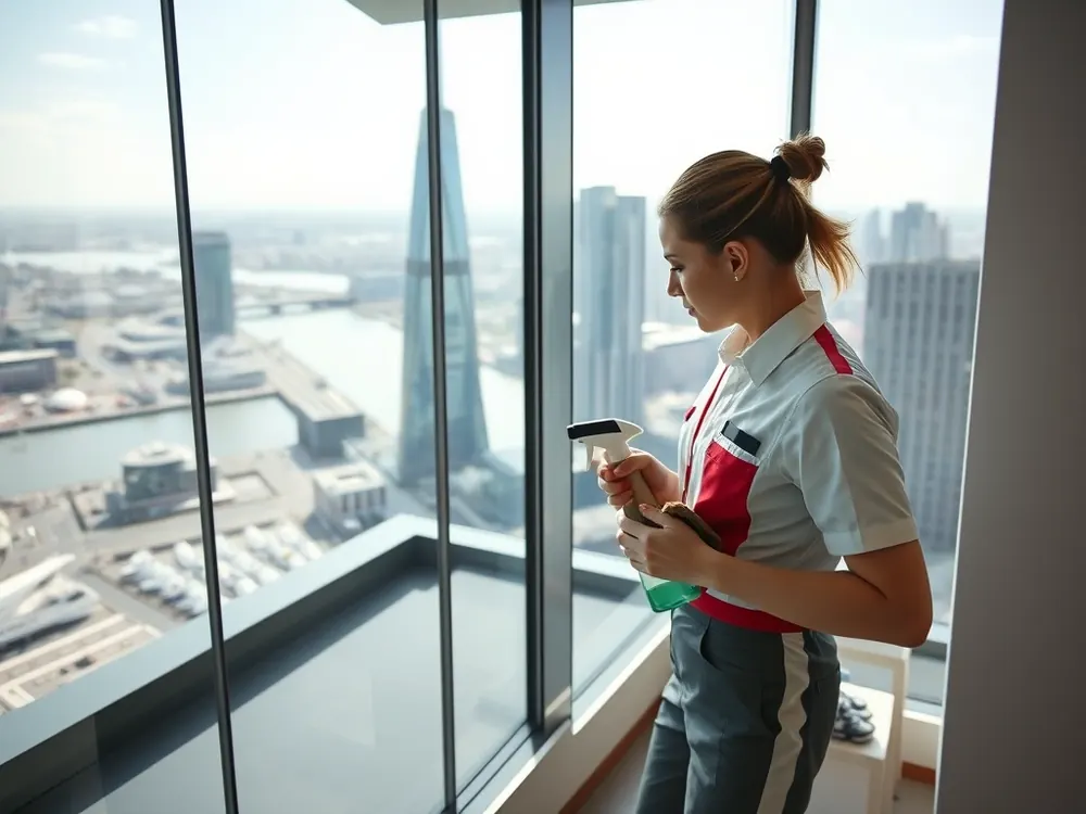 Professional vetted cleaner in a high-rise new-build apartment in Canary Wharf, London