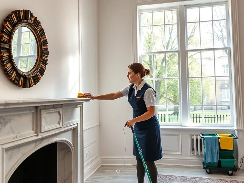 Professional vetted cleaner in a stucco-fronted villa in Holland Park, London