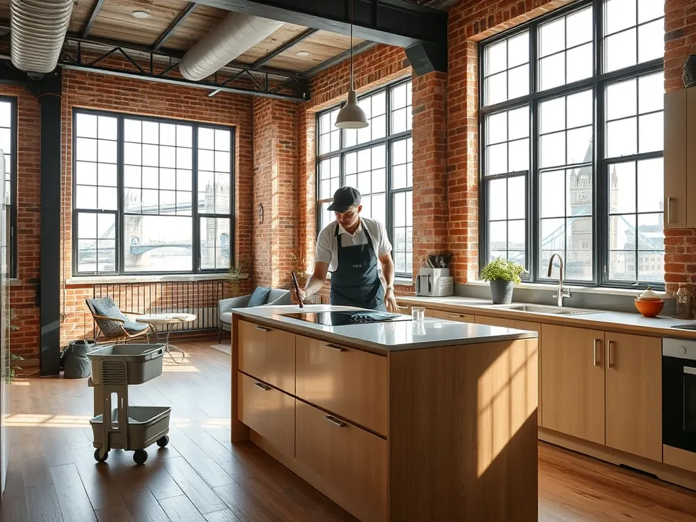 Professional vetted cleaner in a converted warehouse apartment in London Bridge, London
