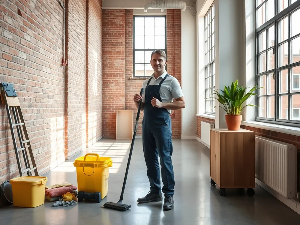 Professional vetted cleaner in a Shoreditch warehouse-conversion loft in East London