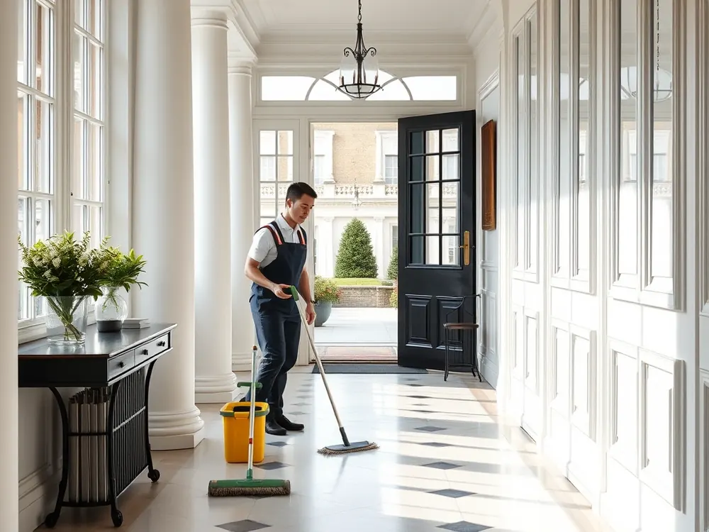 Professional vetted cleaner in a white stucco-fronted townhouse in South Kensington, London