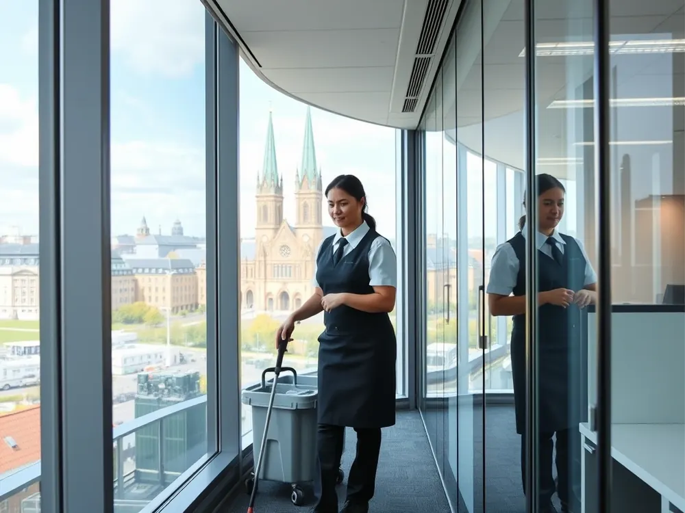 Professional vetted cleaner in a modern office in Victoria, London